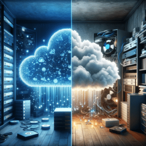 A split-image depicting the stark contrast between cloud backup and traditional backup methods. On the left, the cloud backup is represented as a sleek, futuristic space with virtual clouds and ascending data streams, symbolizing security and modernity. It's brightly lit, highlighting ease of access and global connectivity. The right side illustrates traditional backup, with a cramped room full of bulky servers, external drives, and tangled cables, creating a sense of clutter and physical limitation. 