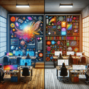 An office scene with two contrasting sections: On the left, a vibrant workspace with programmers and screens showing colorful, abstract graphics, symbolizing custom software development. On the right, a shelf with identical software boxes and a computer with a standardized interface, representing off-the-shelf software.