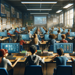 A secondary school IT classroom with diverse students intently focused on their computer screens, engaged in learning.