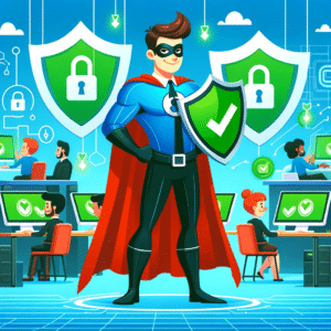 A cartoon of a cybersecurity hero wearing a cape with an office of staff behind him