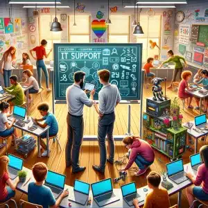 This image depicts a vibrant classroom scene, showcasing IT support in action within a school environment.