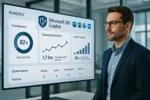 Showcasing F1 Group’s secure approach to AI deployment, this image highlights a Microsoft 365 Copilot governance dashboard designed for compliance, data protection, and productivity oversight. Ideal for illustrating structured, responsible AI management in business environments.