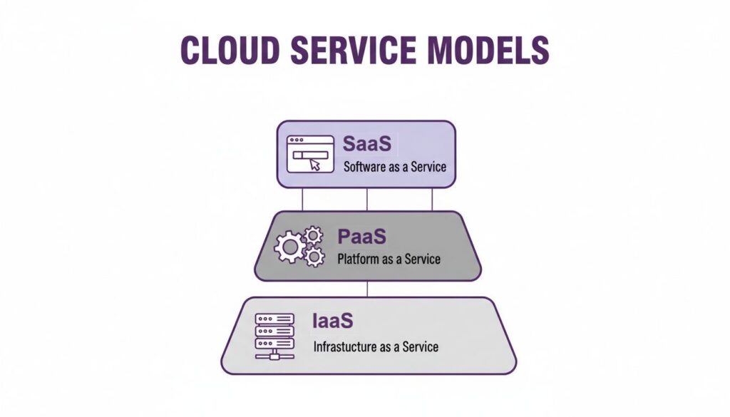 Cloud Service Models - Pioneering IT Solutions | F1Group in Lincoln & Nottingham Diagram showing the three main cloud service models: Software as a Service (SaaS), Platform as a Service (PaaS), and Infrastructure as a Service (IaaS).