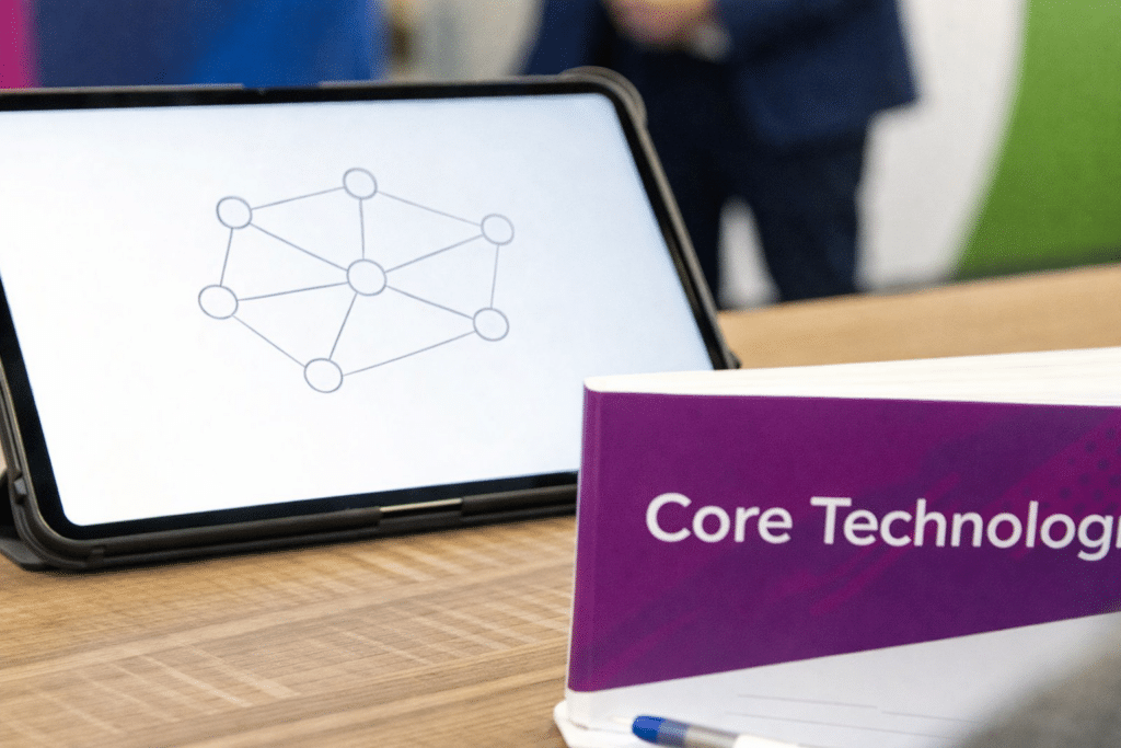 A tablet shows a diagram of SDN, Sase, and AIOps concepts, alongside a 'Core Technologies' binder.
