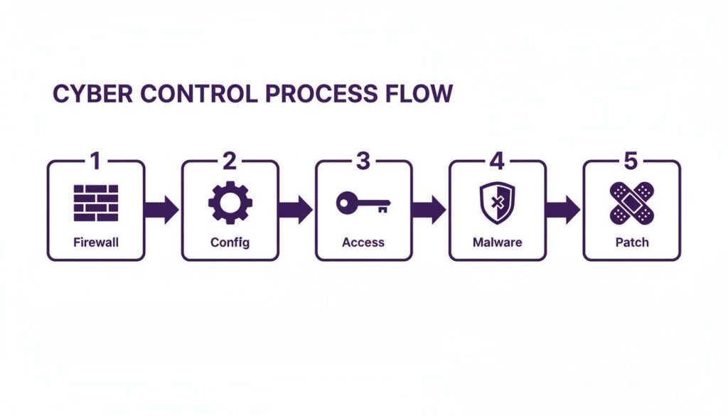 A cybersecurity process flow diagram showing firewall, configuration, access, malware, and patch management steps.