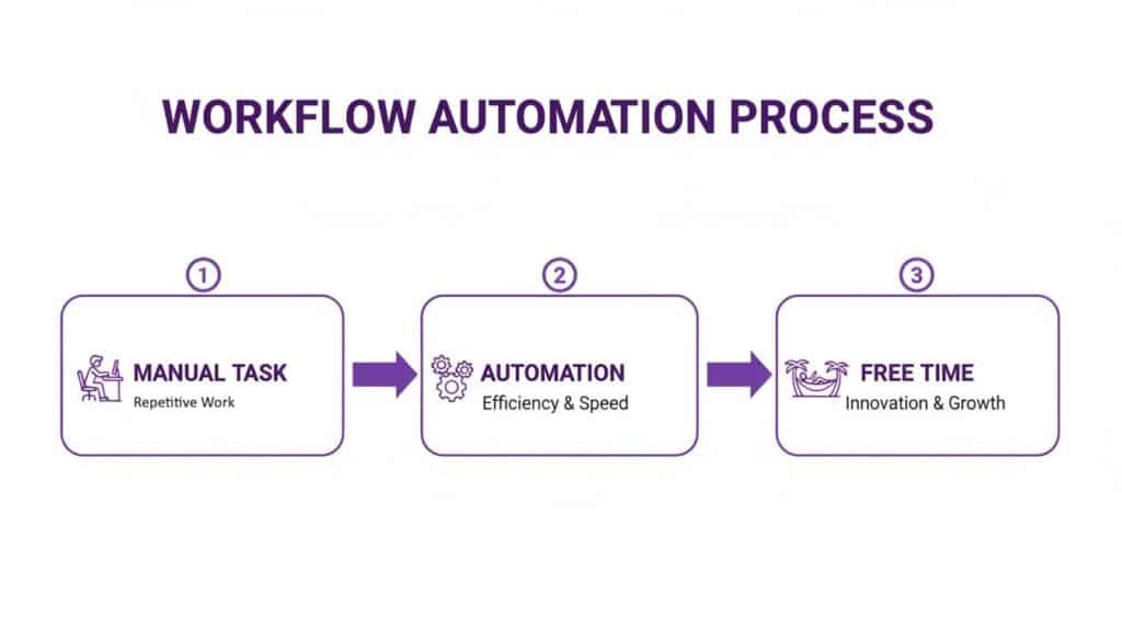Diagram illustrating the workflow automation process from manual tasks to automated efficiency, leading to free time for innovation.