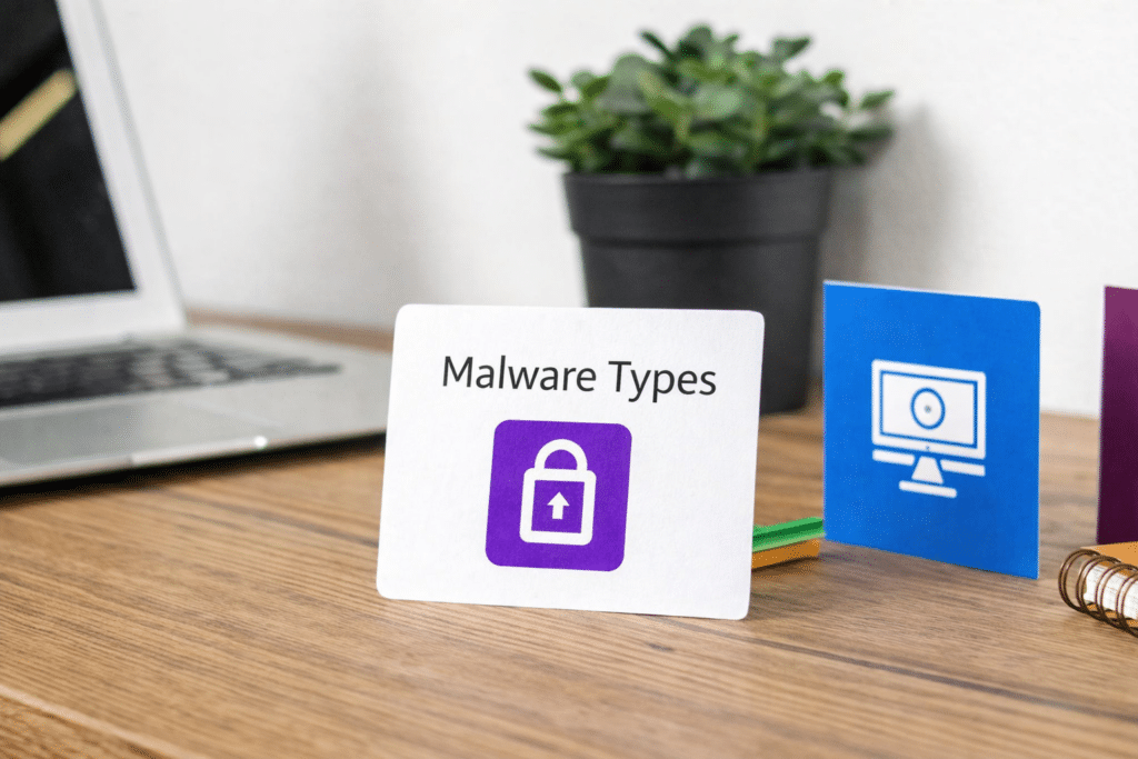 - Pioneering IT Solutions | F1Group in Lincoln & Nottingham White card titled'Malware Types' with a purple lock, alongside computer icon on a wooden desk.