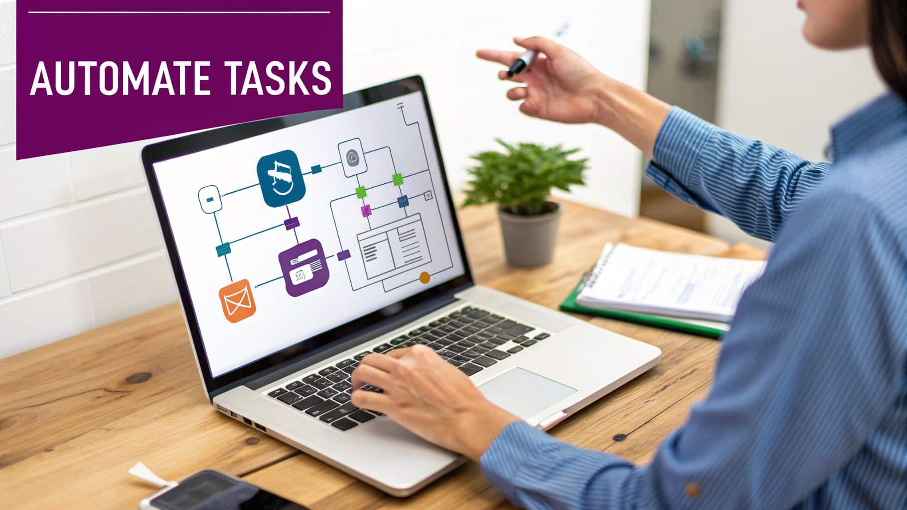 A person points at a laptop screen displaying a workflow diagram for task automation.