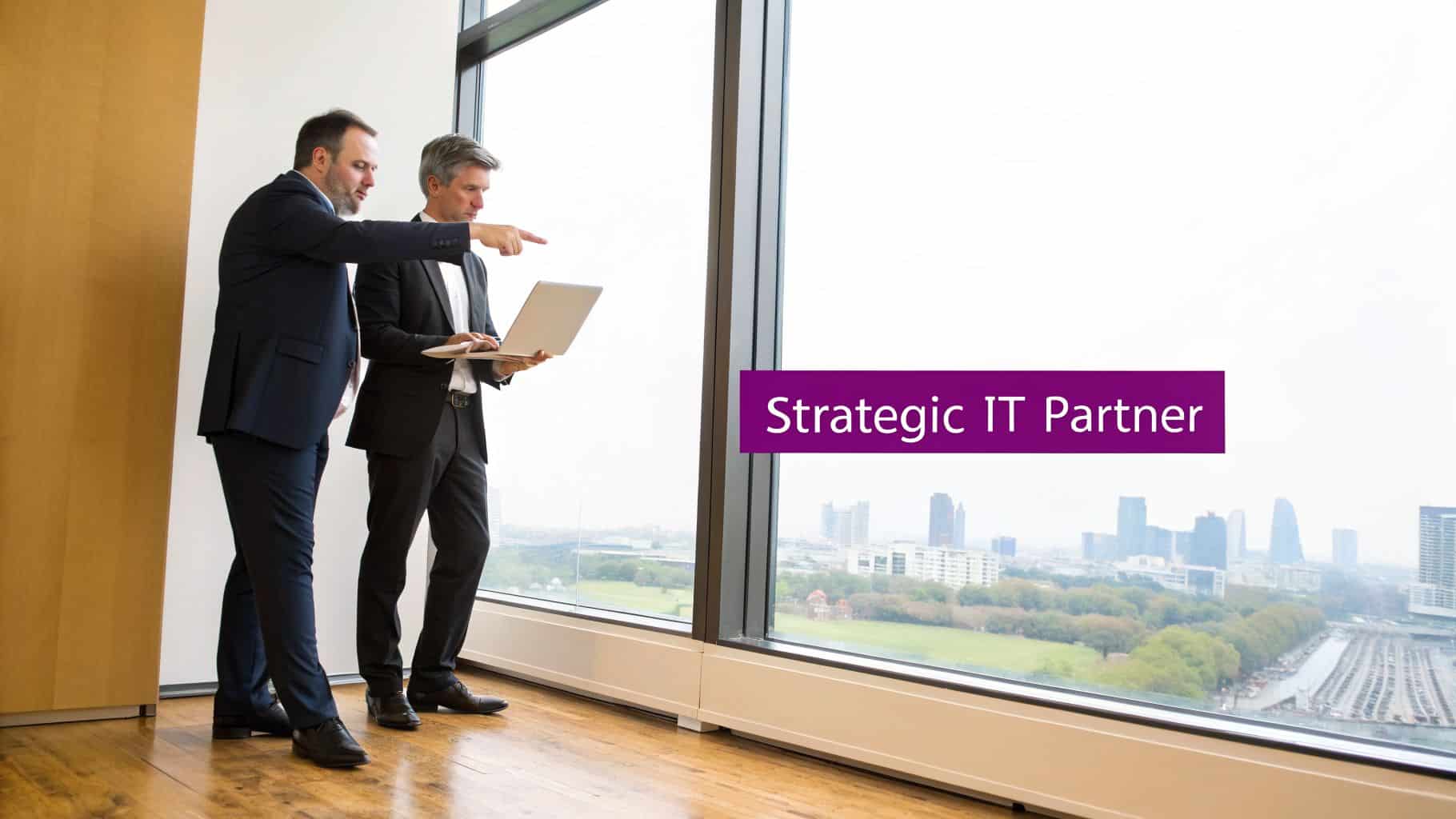 Two businessmen discuss IT strategy with a laptop by a large window overlooking a city skyline.