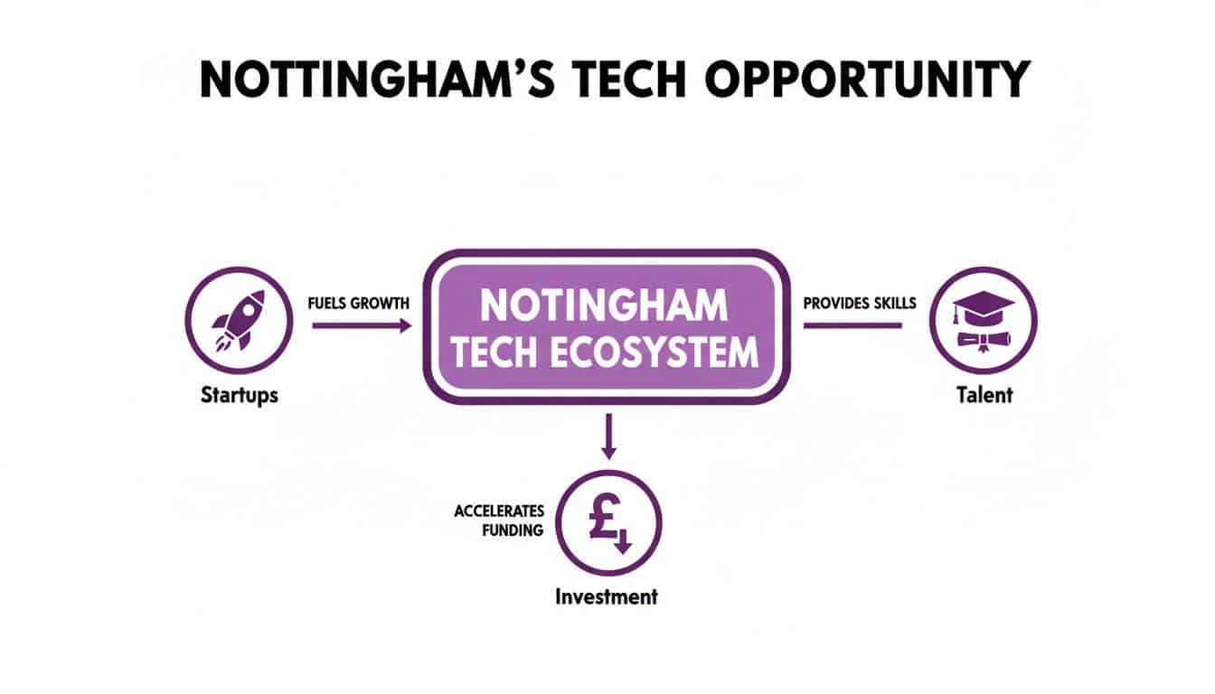 Flowchart illustrating Nottingham's tech ecosystem connecting startups, talent, and investment, driving growth and funding.