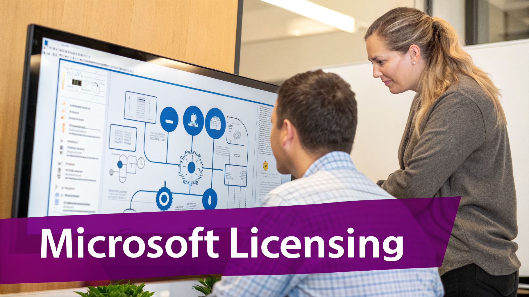 Two professionals review a Microsoft licensing diagram together on a computer monitor.