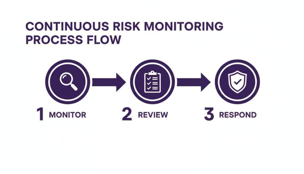 Flowchart illustrating a continuous risk monitoring process with monitor, review, and respond steps.