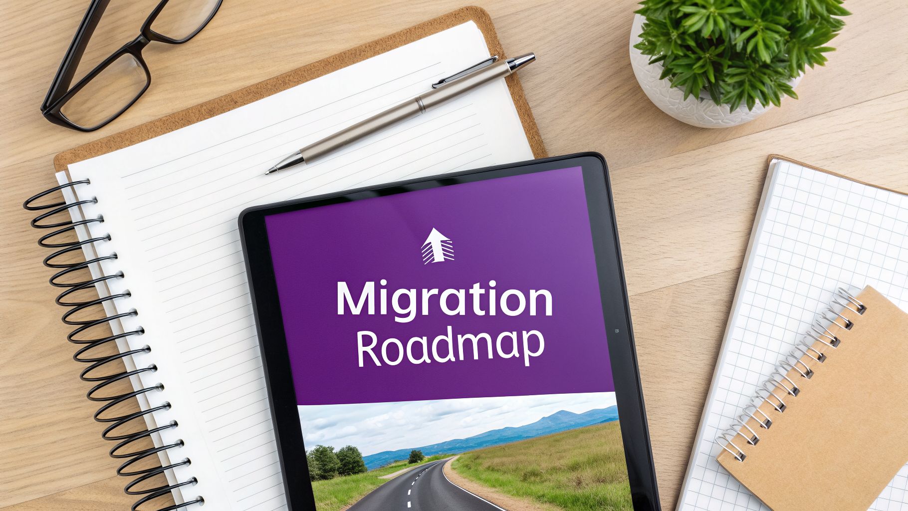 Tablet displaying 'Migration Roadmap' with a road, on a wooden desk with notebooks and glasses.