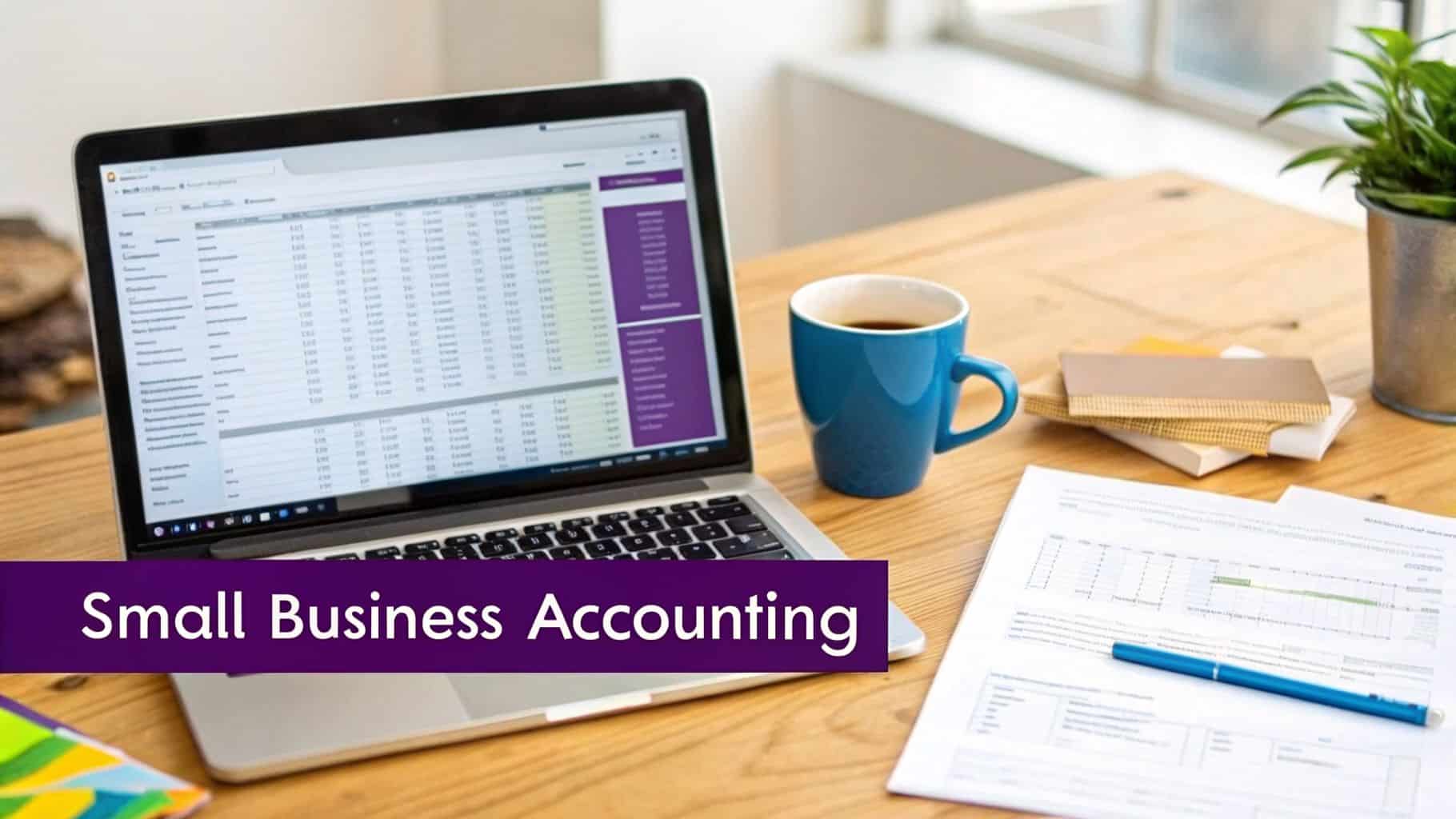 Laptop displaying accounting software, coffee, documents, and a pen on a desk for small business accounting.