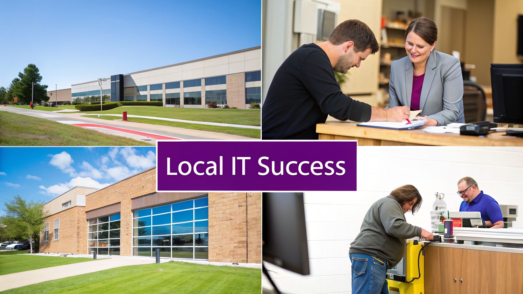 Collage showing various modern office buildings and diverse people working, with a text overlay 'Local IT Success'.