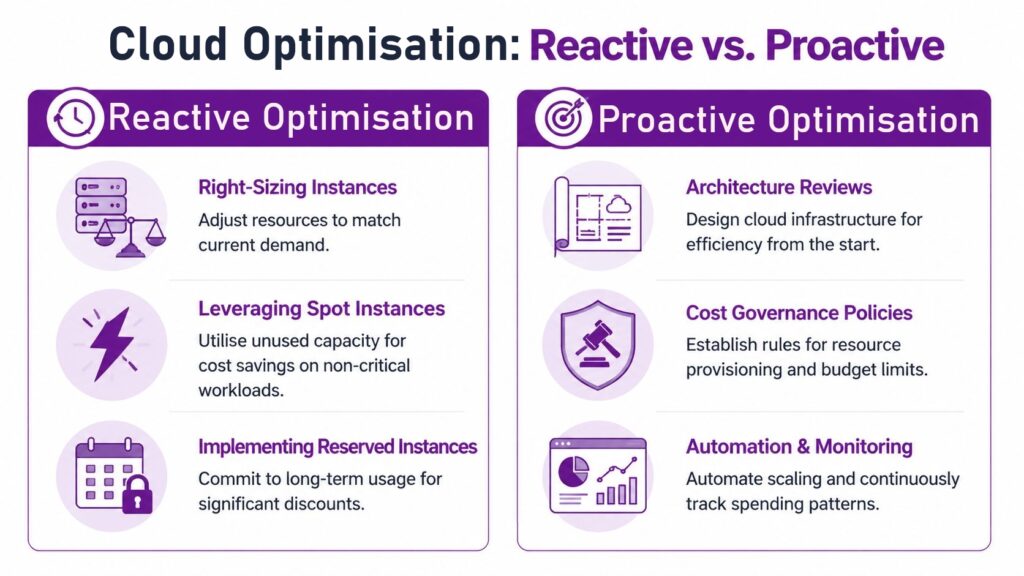 A comparison chart showing strategies for reactive versus proactive cloud cost optimization techniques for businesses.