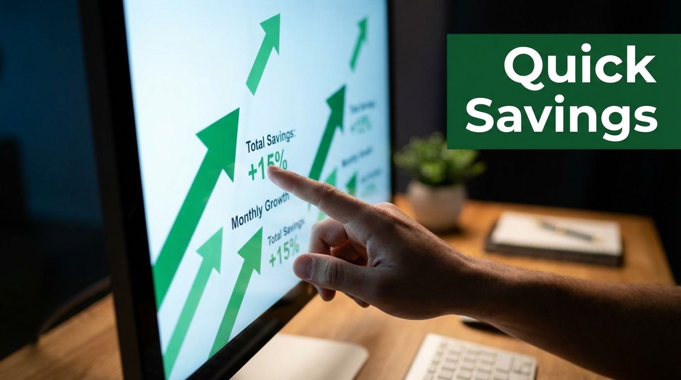 A person pointing at a computer screen showing positive financial growth charts labeled with total savings.