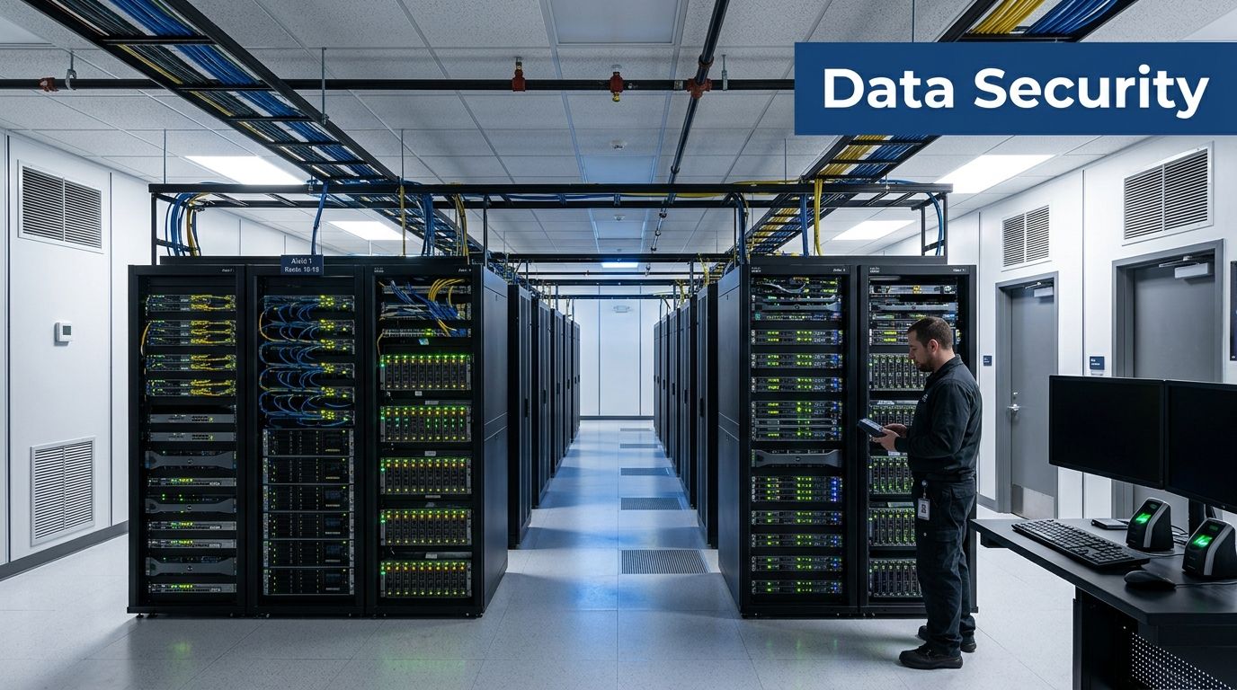 A technician inspecting server racks in a modern data center with blue and yellow cable management.