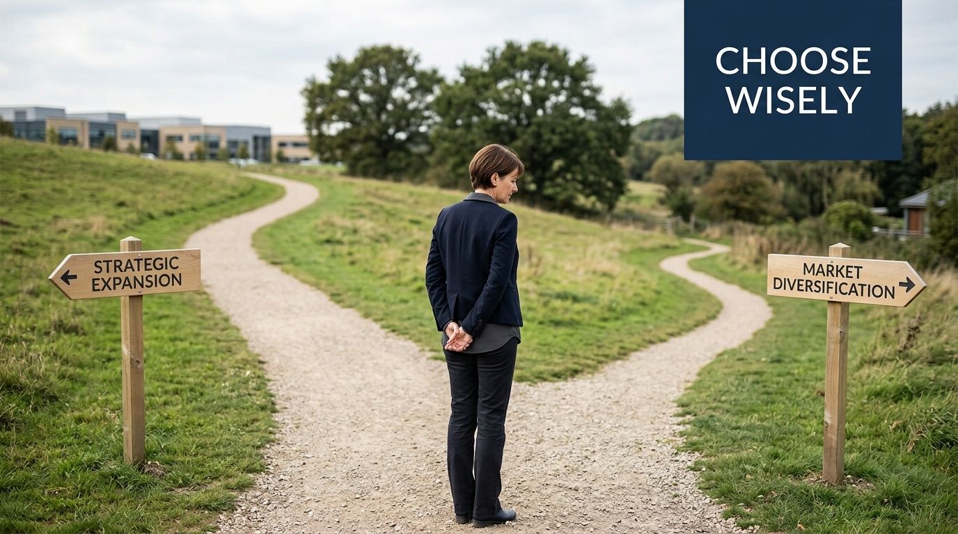 A businesswoman standing at a fork in a rural road choosing between strategic expansion and market diversification.