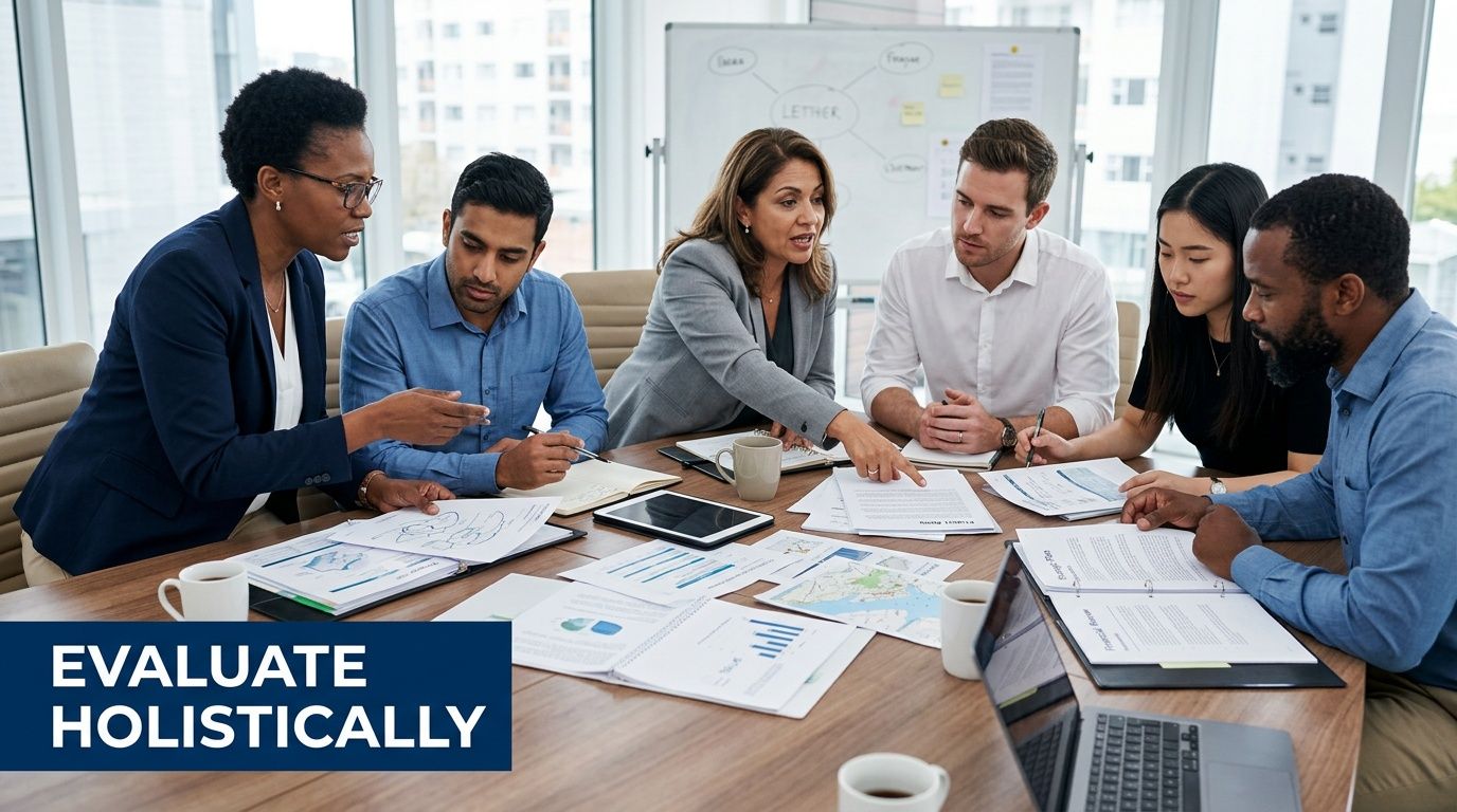 A diverse group of professional colleagues collaborating during a strategic business meeting in a modern office boardroom.