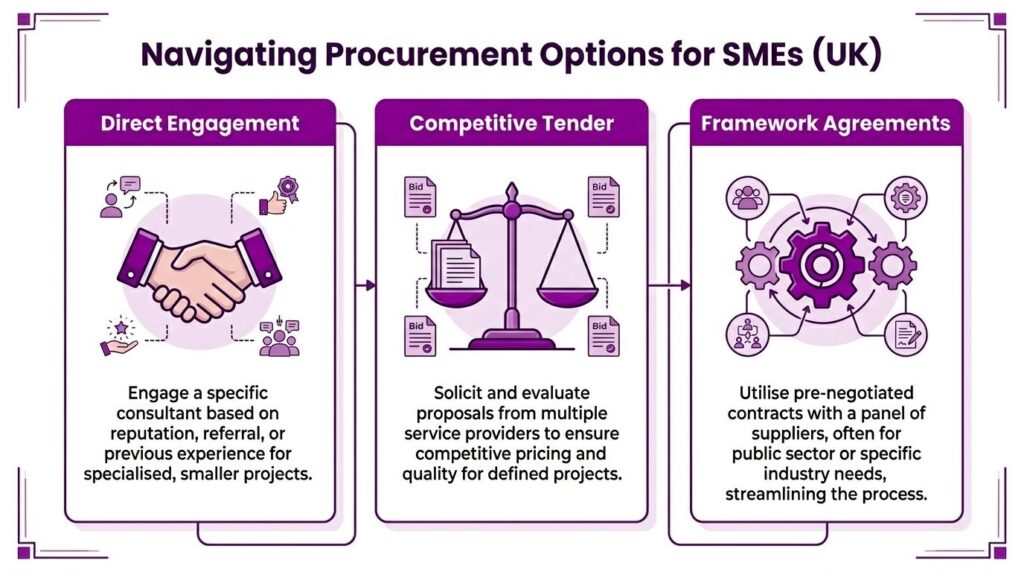 A diagram outlining three procurement options for SMEs in the UK: Direct Engagement, Competitive Tender, and Framework Agreements.