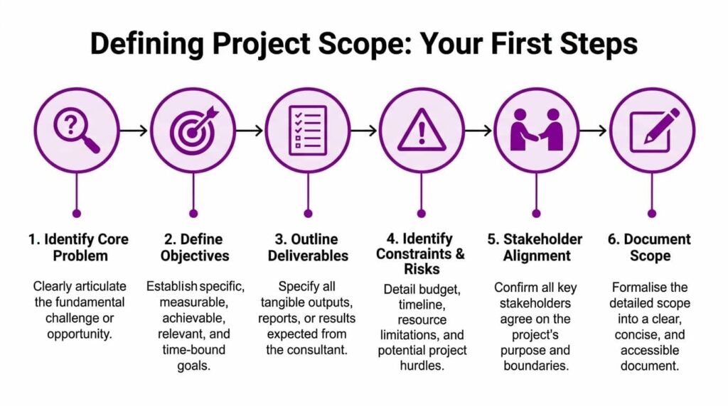 A flow chart illustrating six steps to define project scope for consulting engagements.