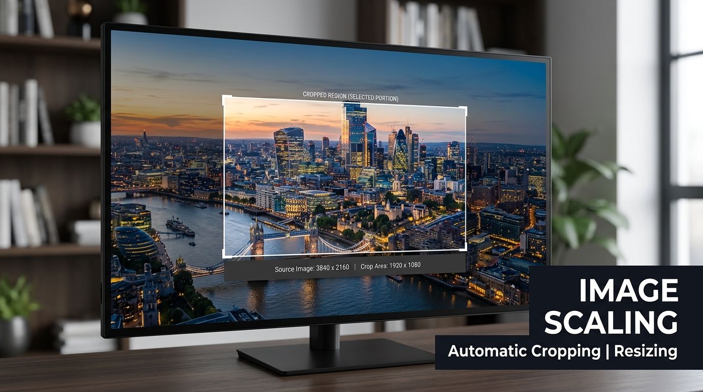 A modern computer monitor displaying an image being automatically cropped and resized for digital display purposes.