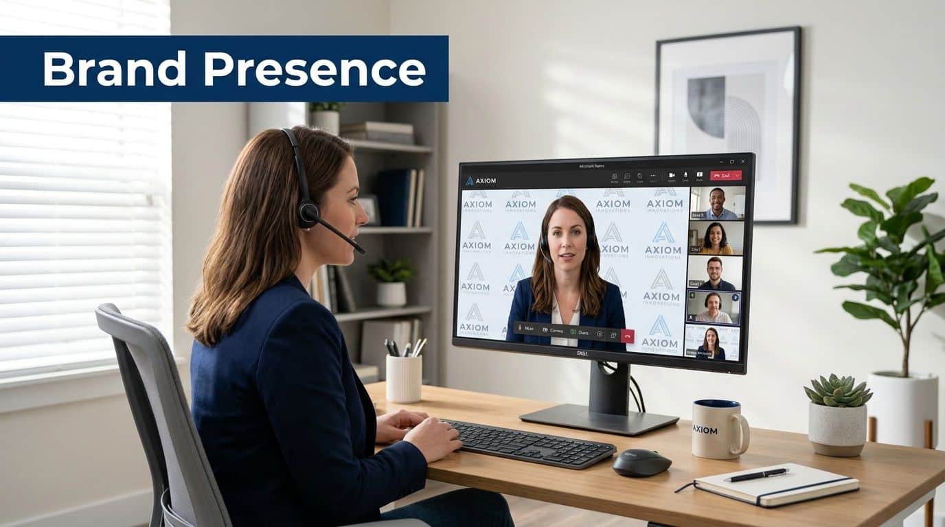 A professional woman wearing a headset participates in a Microsoft Teams video call at her desk.