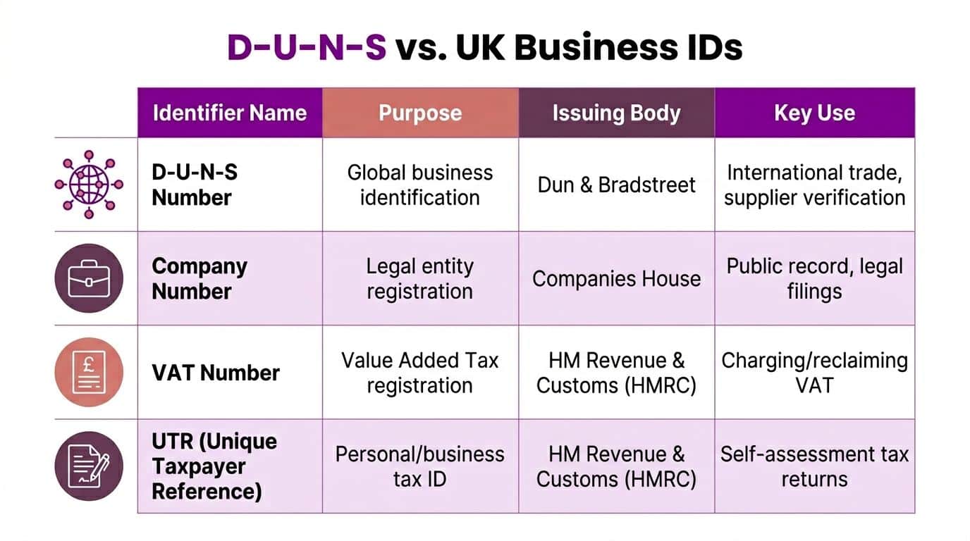A comparison table outlining different UK business identification numbers including D-U-N-S, Company Number, VAT Number, and UTR.