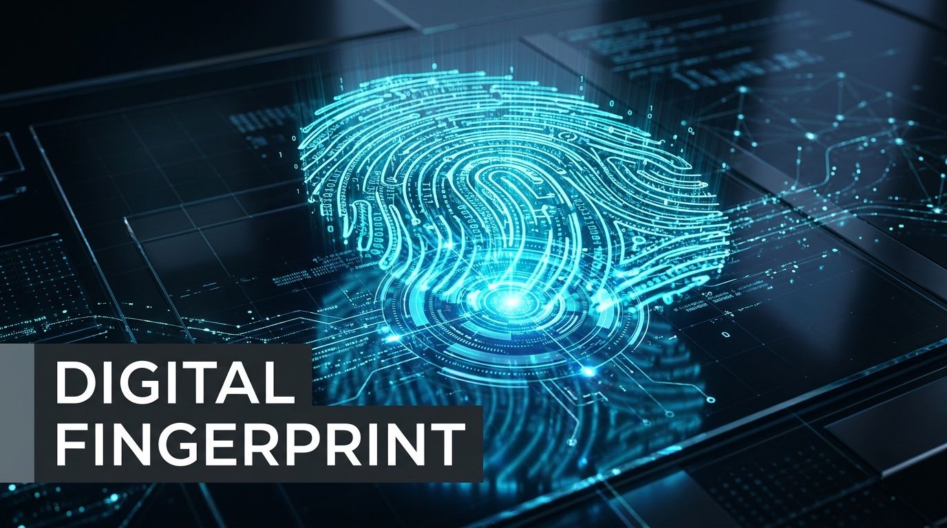 A futuristic digital fingerprint glowing with blue light on a technological interface representing data security and biometrics.