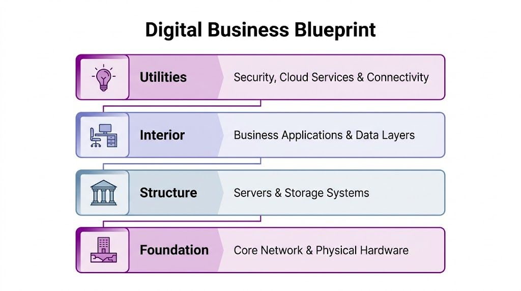 A digital business blueprint chart illustrating four layers: Utilities, Interior, Structure, and Foundation with corresponding IT components.