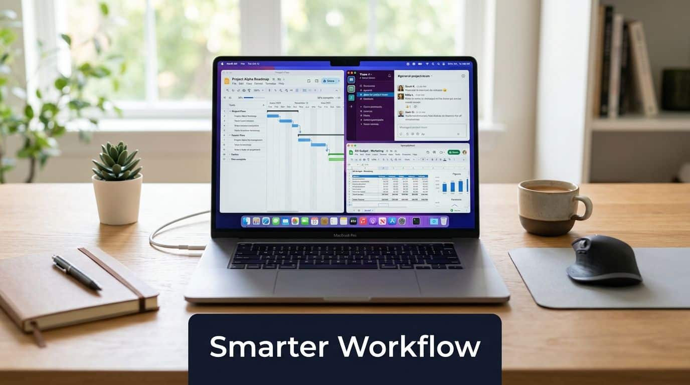 A MacBook Pro on a desk displays a multi-window workflow with project management, chat, and spreadsheets.