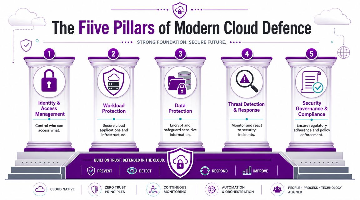 An infographic showing the five pillars of modern cloud defense, including identity management, workload protection, and data security.