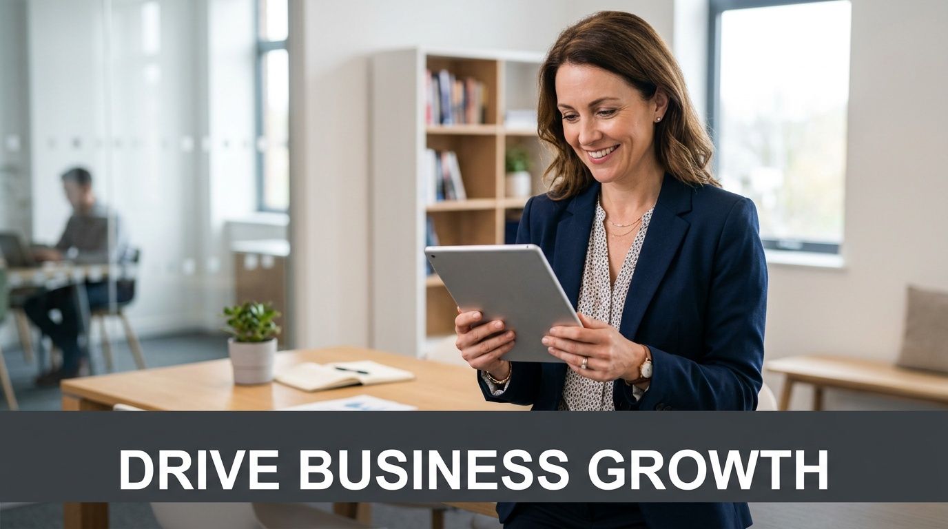 A professional businesswoman smiling while reviewing information on her digital tablet in a modern office setting.