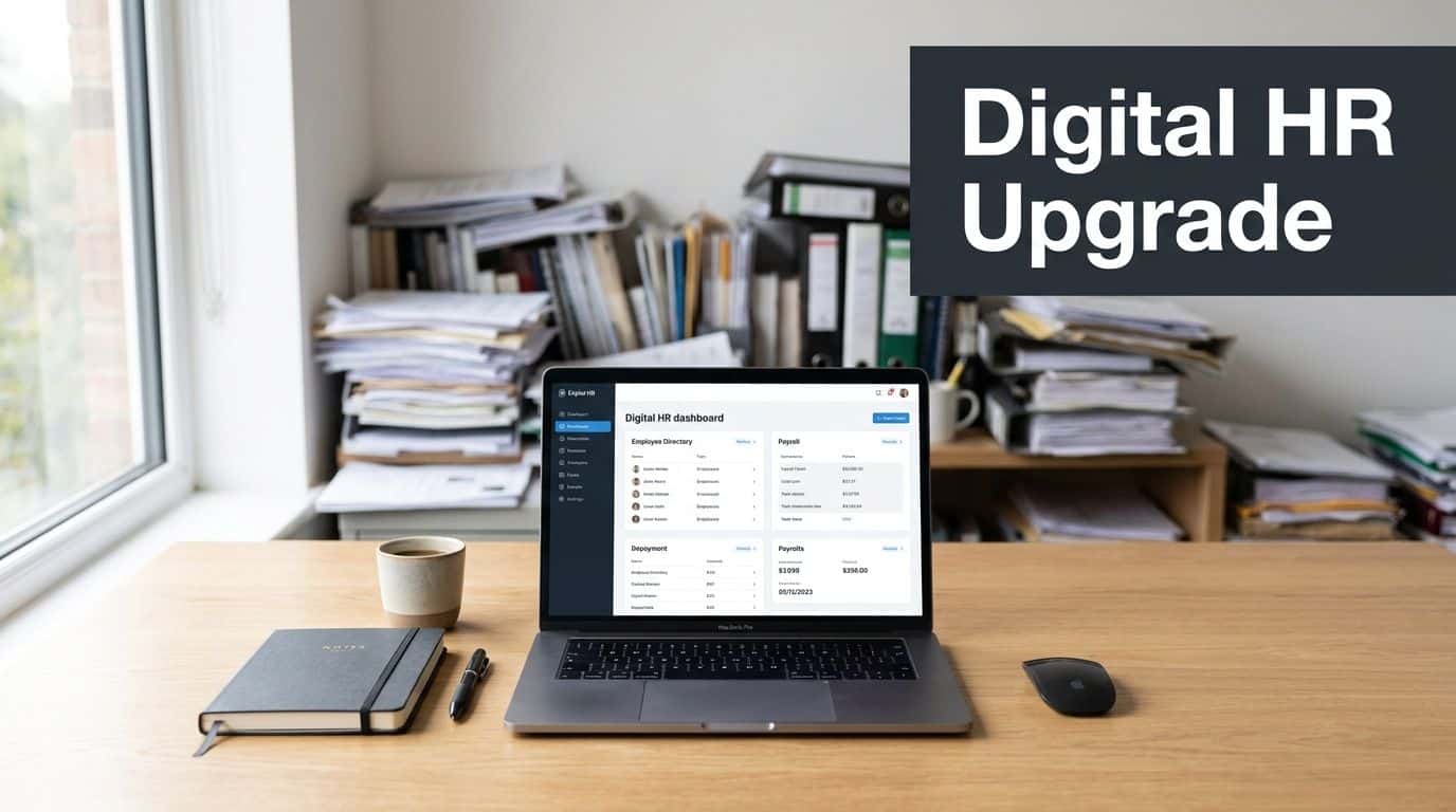 A modern laptop on a wooden desk displaying a digital HR dashboard for employee and payroll management.