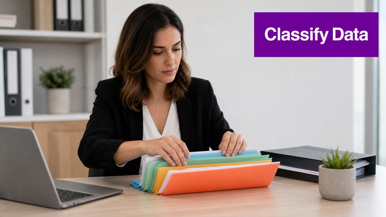 A professional woman in a suit organizes colorful file folders at her office desk with a laptop.