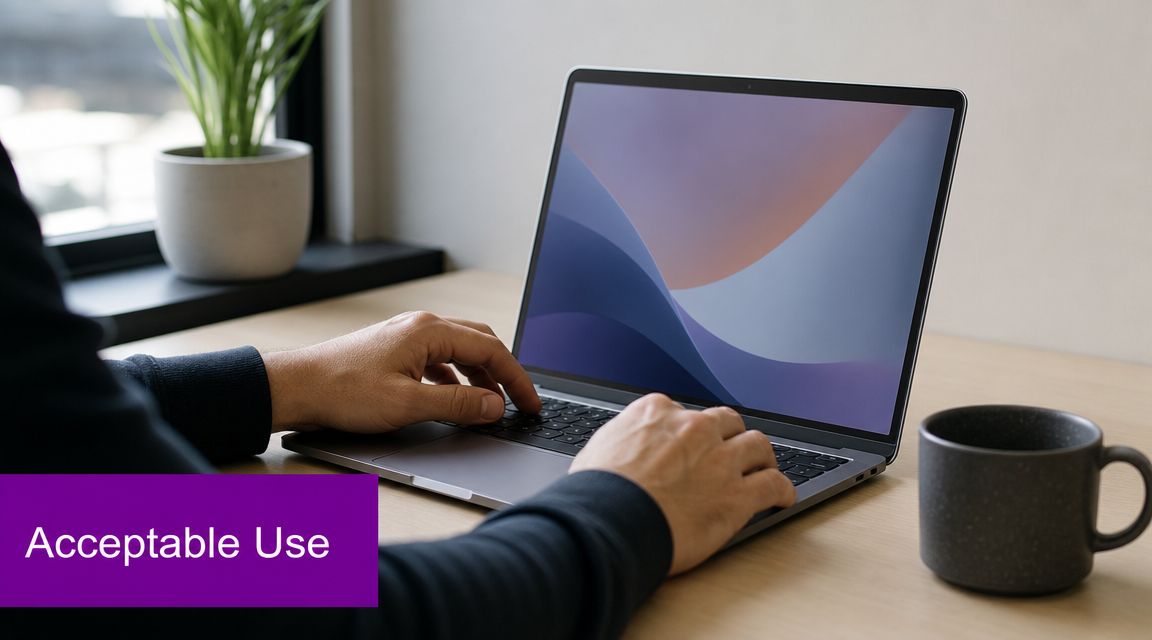 A person types on a laptop next to a plant and a mug on a wooden desk.
