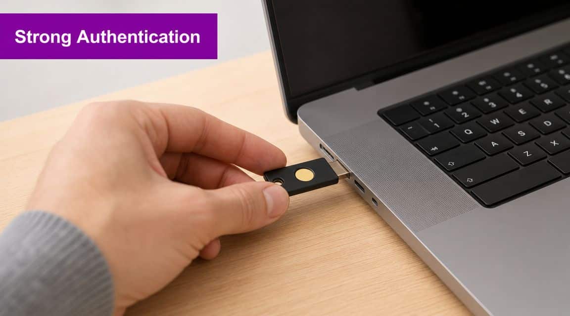 A hand inserts a security key into a laptop USB port for strong user authentication.