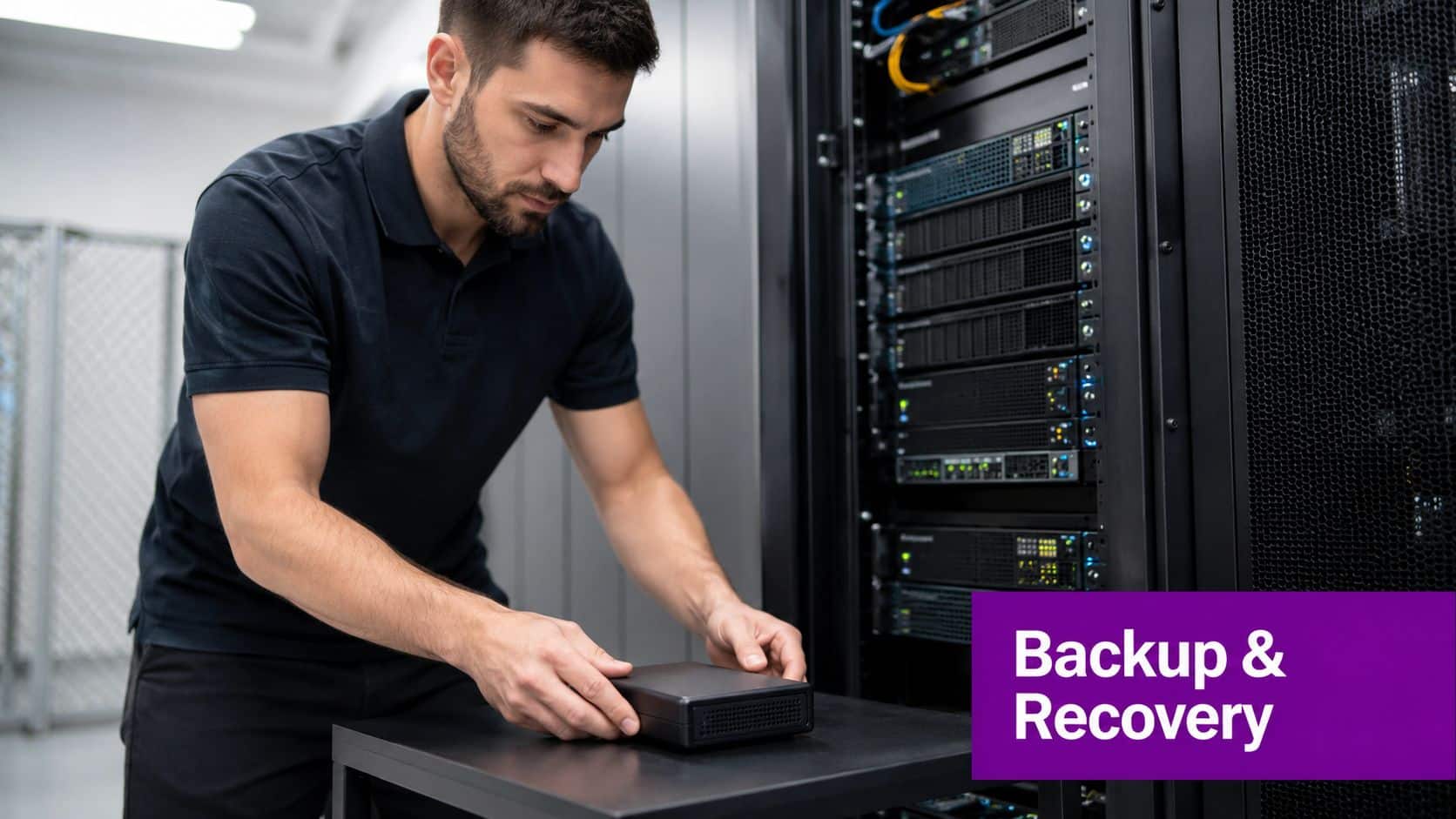 A technician holding a storage device while standing in front of server racks in a datacenter.