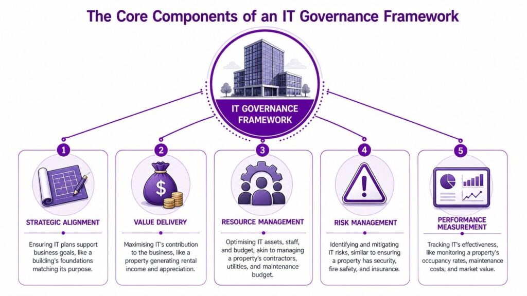 A diagram illustrating the five core components of an IT governance framework including strategic alignment and risk management.