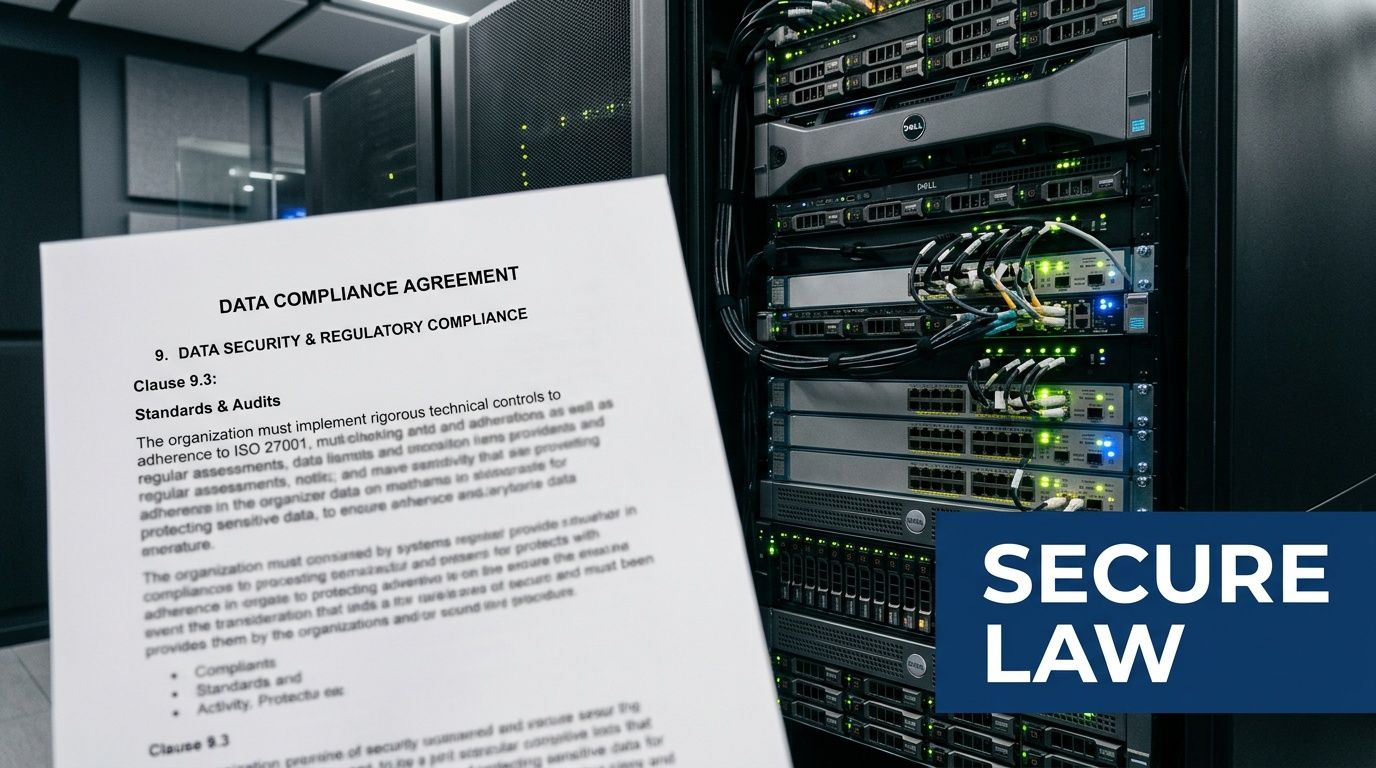 A close-up of a data compliance agreement document held in front of a server room rack.