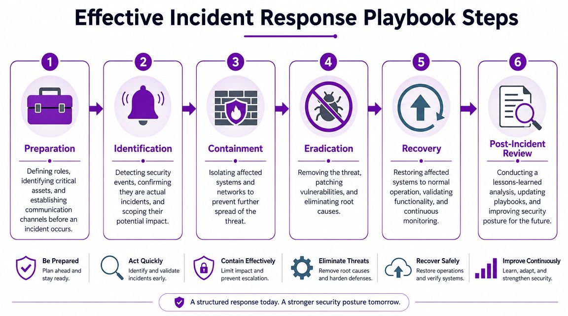 A six-step infographic outlining an effective incident response playbook for cybersecurity management.