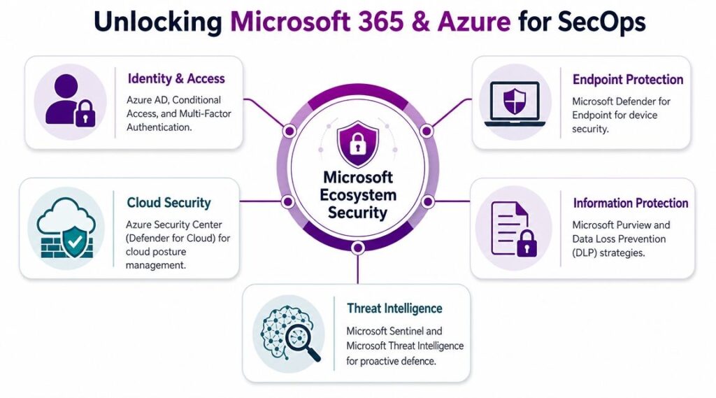 A diagram illustrating the core components of Microsoft 365 and Azure security for operations teams.