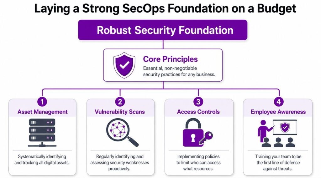 A flowchart titled Laying a Strong SecOps Foundation on a Budget, highlighting four key security principles.