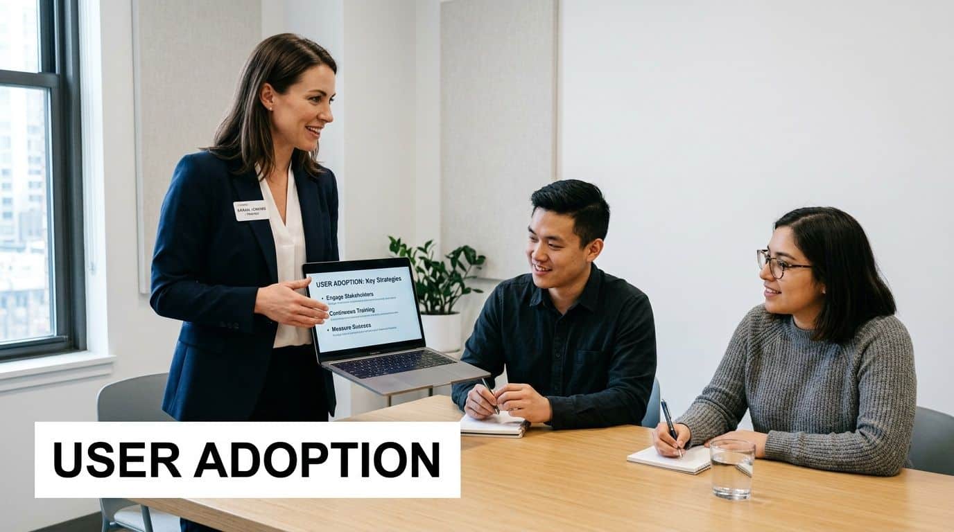 A businesswoman presenting a user adoption strategy presentation on a laptop to two colleagues in an office.