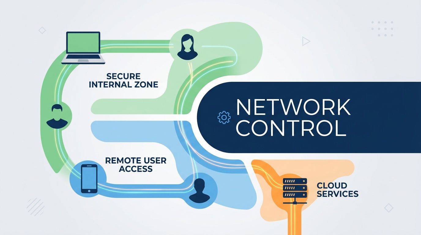 A diagram illustrating network control connecting secure internal zones and remote user access to cloud services.