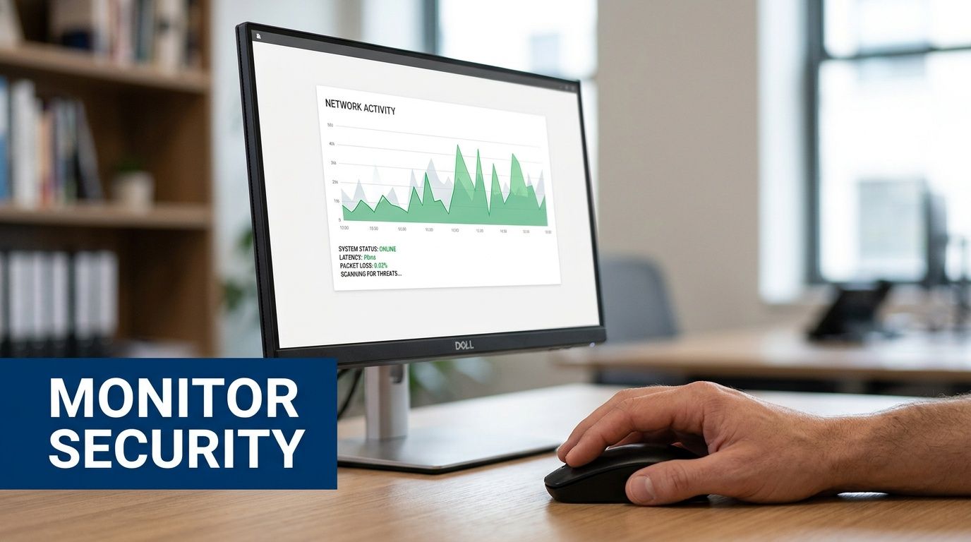 A person using a computer mouse in an office while viewing a network security dashboard monitor.
