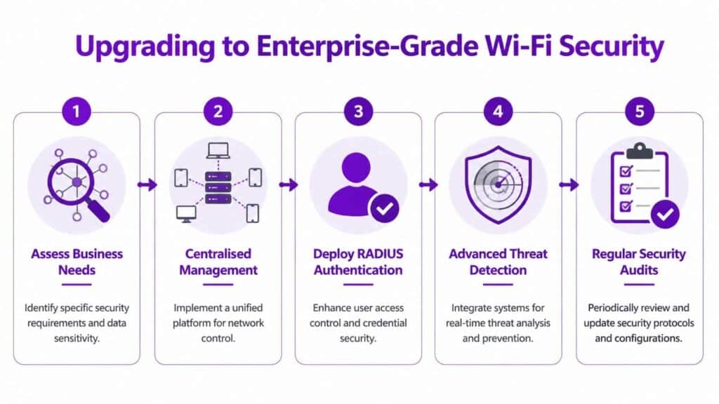 - Pioneering IT Solutions | F1Group in Lincoln & Nottingham A five-step infographic showing the process for upgrading to enterprise-grade Wi-Fi network security for businesses.