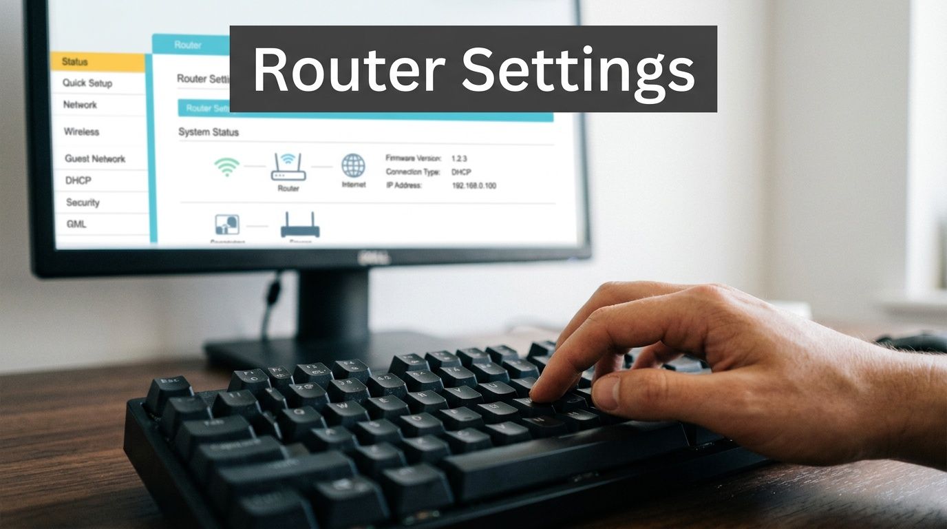 A person typing on a mechanical computer keyboard with a router settings page displayed on the monitor.