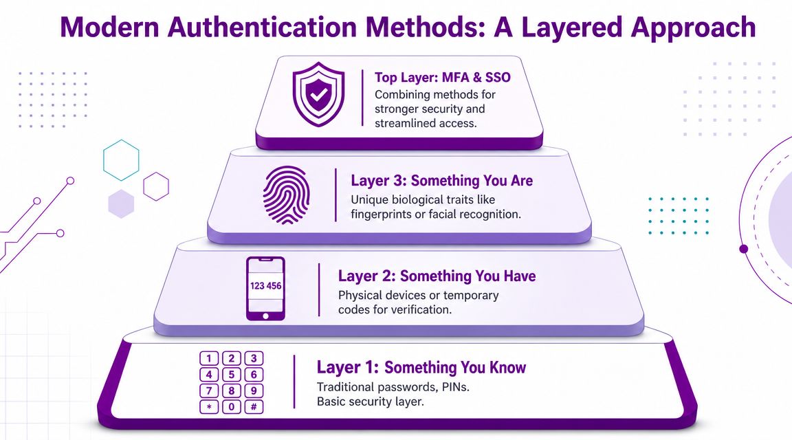 A pyramid diagram showing the four layers of modern authentication methods, including passwords, devices, biometrics, and MFA.